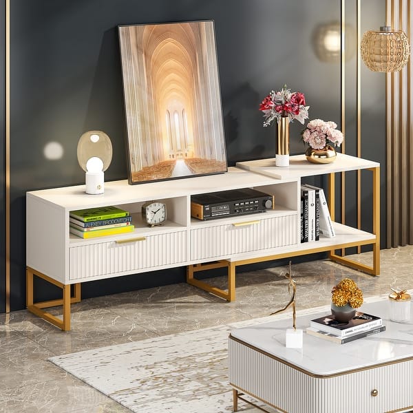 63" TV Stand for TVs, White and Gold Television Stands Entertainment